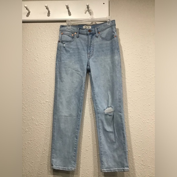 Madewell Wellingford Wash Mid-Rise Straight Jeans Size 27 Knee-Rip Edition Denim - Picture 5 of 8
